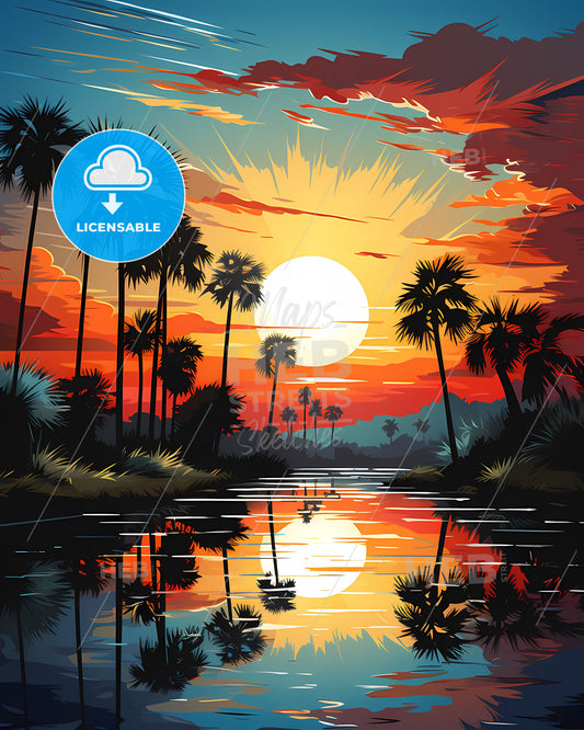 Sunrise, Florida, a sunset over a river with palm trees