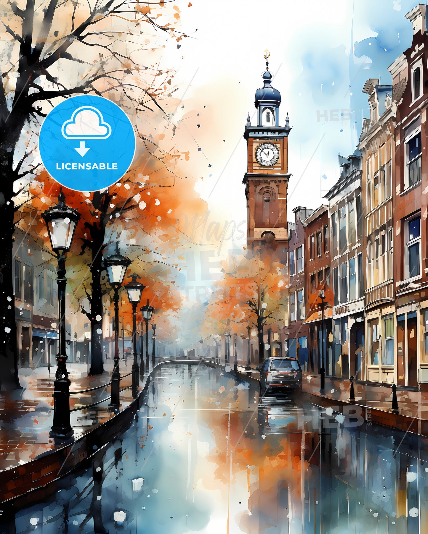 Soest, Netherlands, a watercolor painting of a street with a clock tower