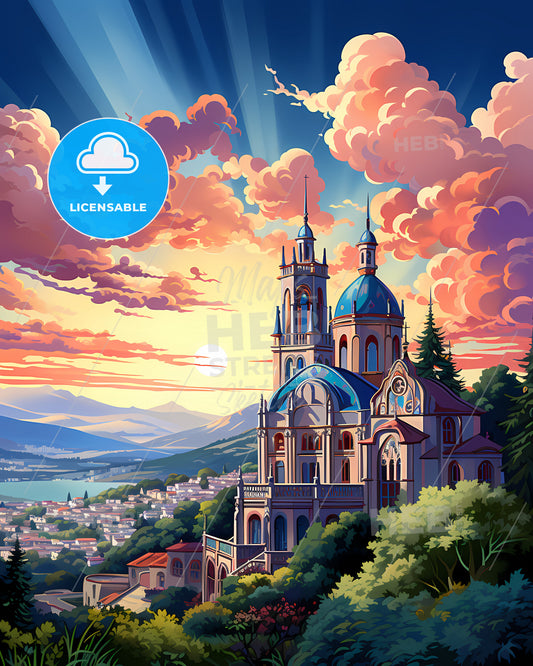 Odivelas, Portugal, a building with a blue dome and a blue roof with trees and a cloudy sky