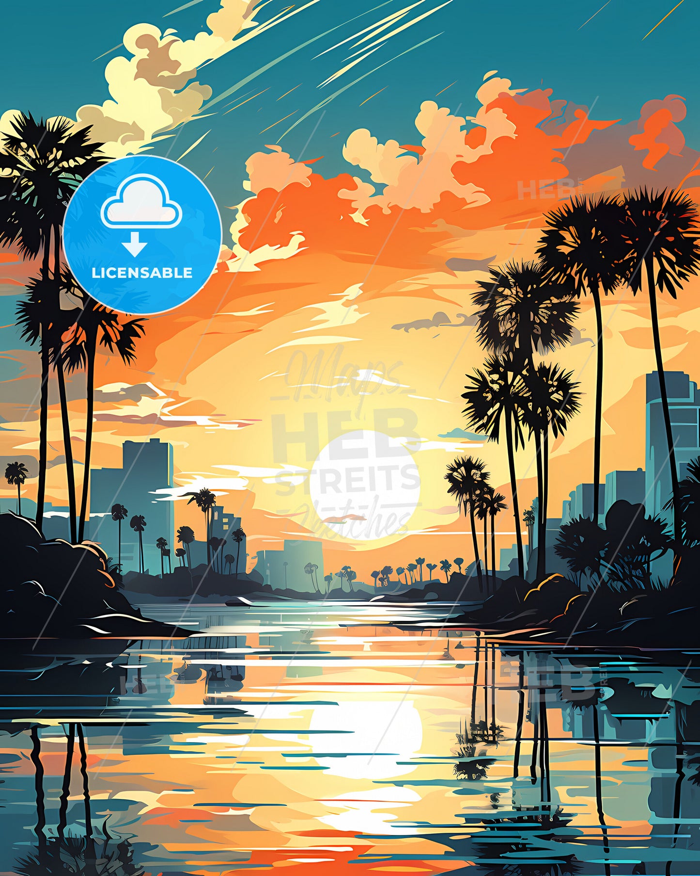 Clearwater, Florida, a sunset over a river with palm trees