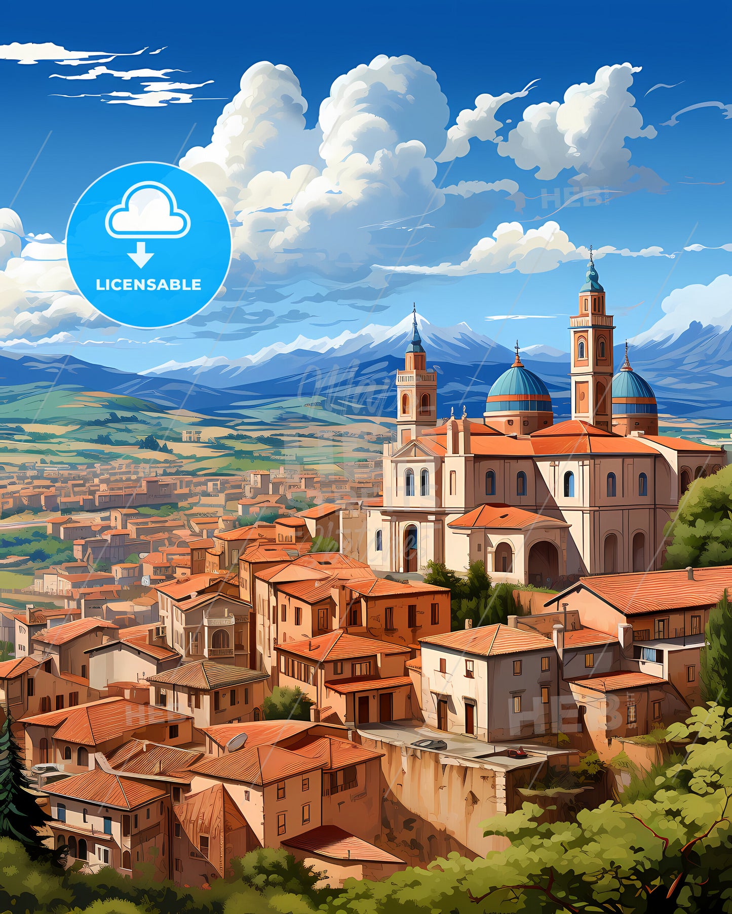 Rimini, Italy, a building with towers and a city in the background