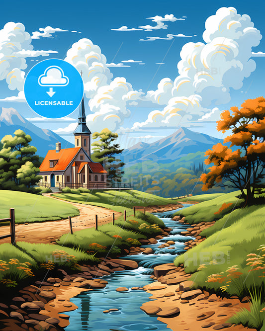 Gooise Meren, Netherlands, a church in a valley with a stream running through it