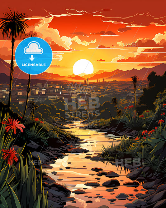 Delray Beach, Florida, a river running through a valley with a city in the background