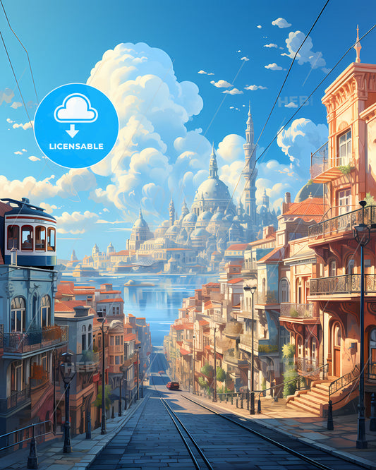 Lisbon, Portugal, a street with buildings and a city in the background