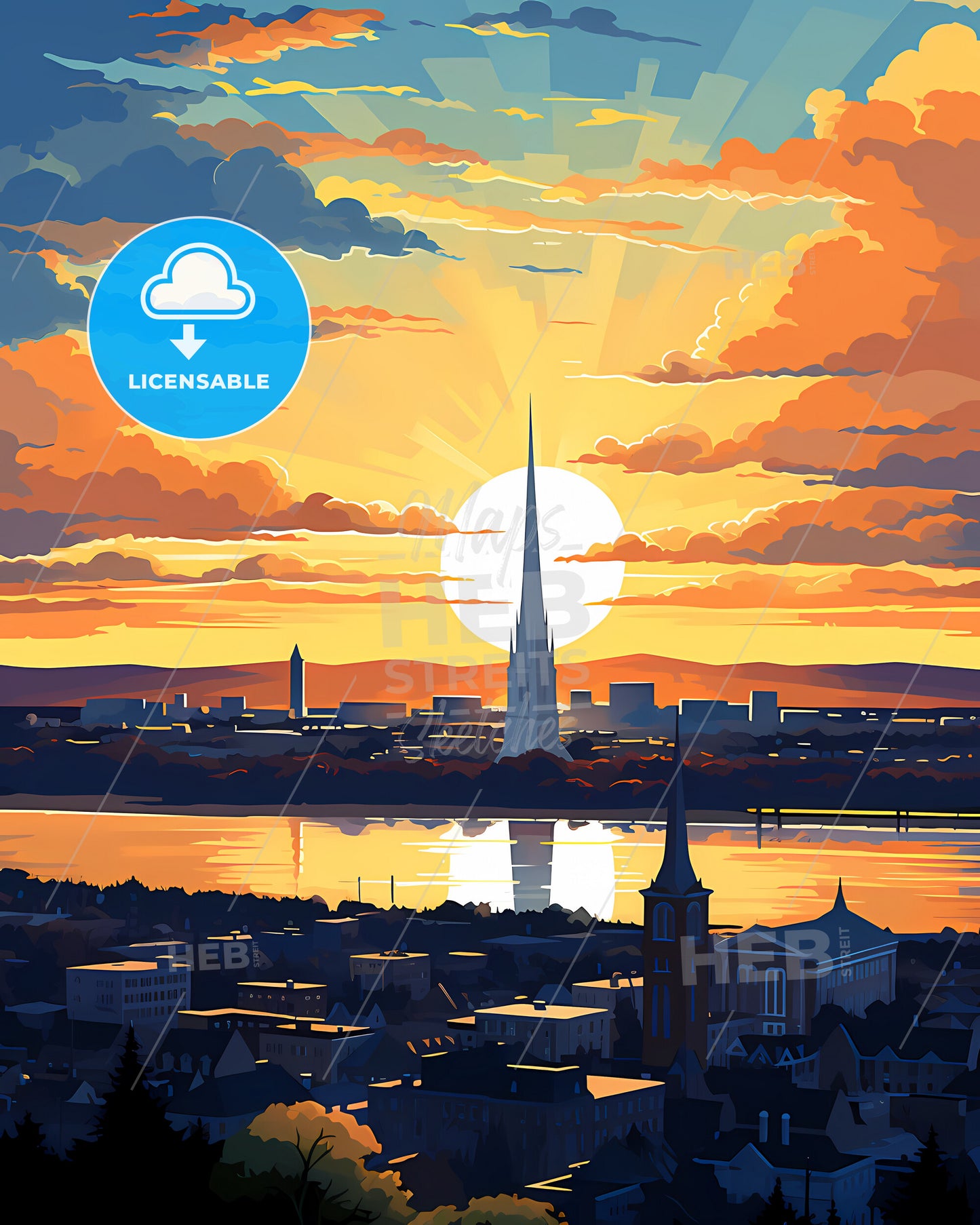 New Bedford, Massachusetts, a city with a tall spire and a body of water with a sunset