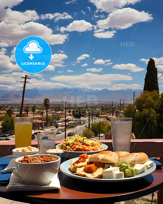 Ontario, California, a table with plates of food and drinks on it