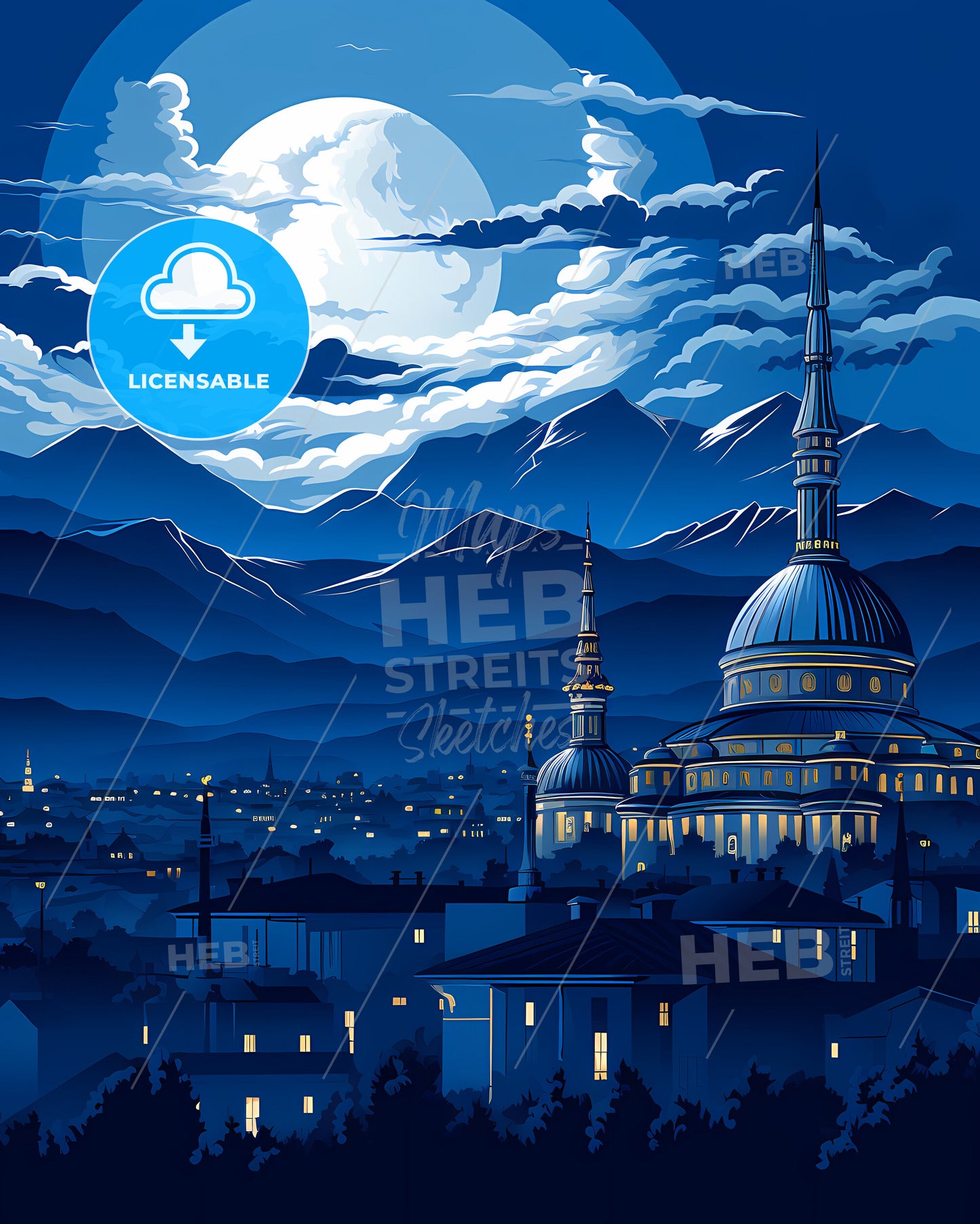 Alessandria, Italy, a moon over a city