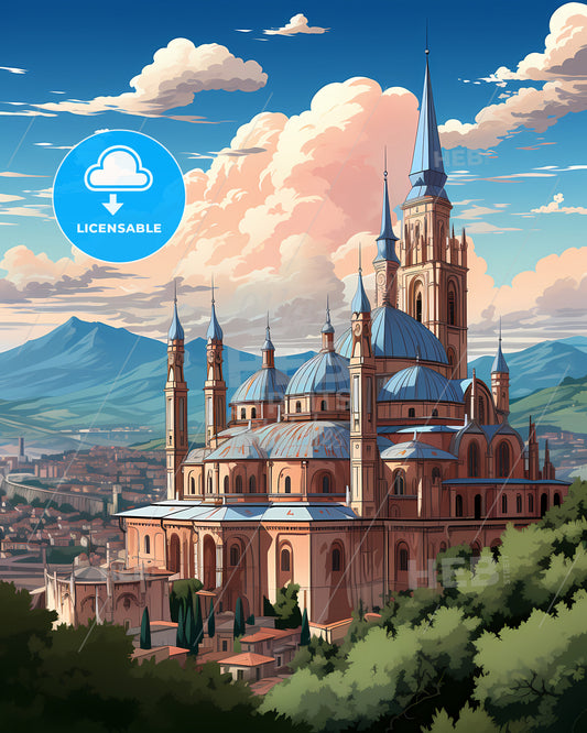 Cuneo, Italy, a large building with a steeple and trees in front of it