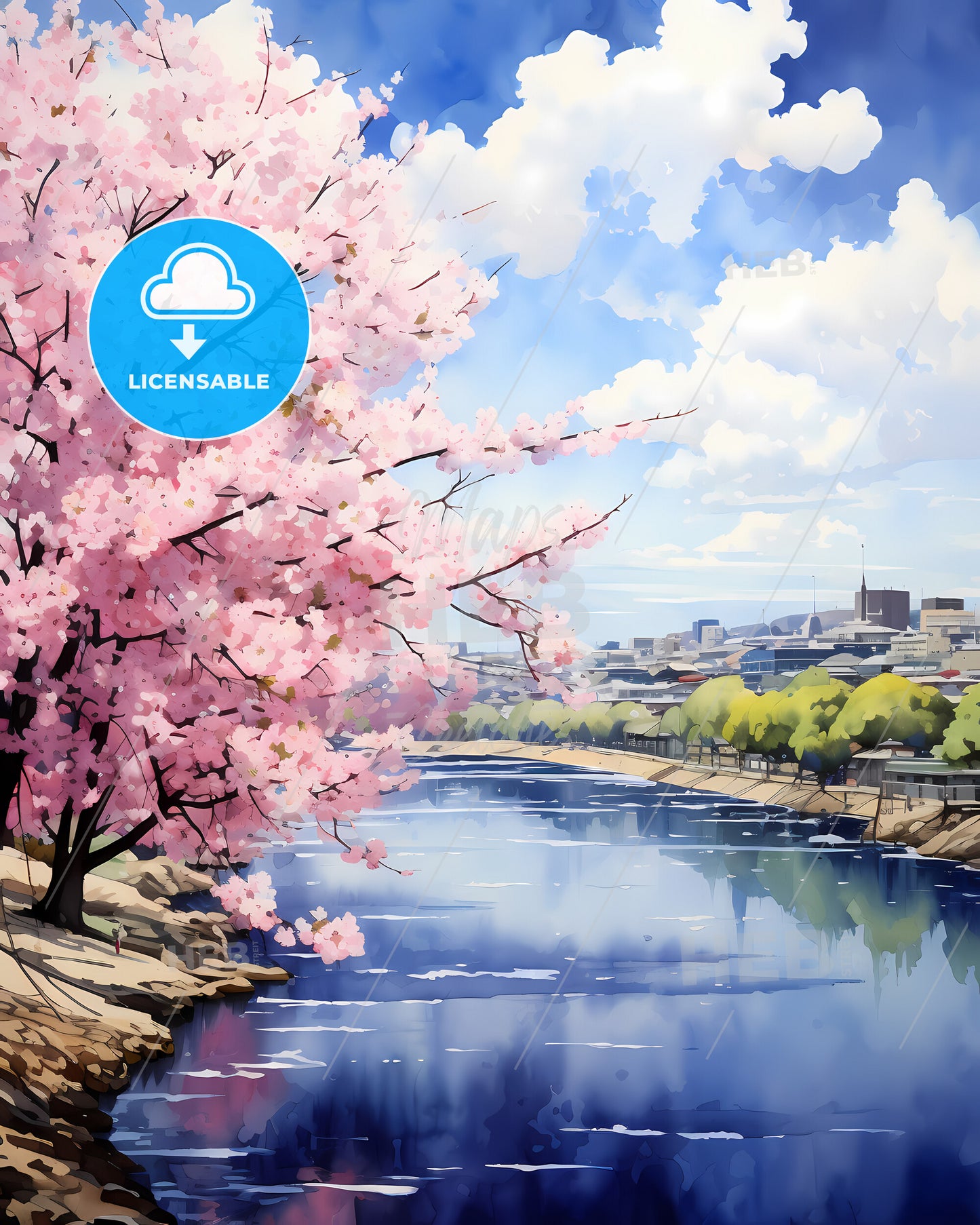 Clearwater, Florida, a river with pink flowers and buildings in the background