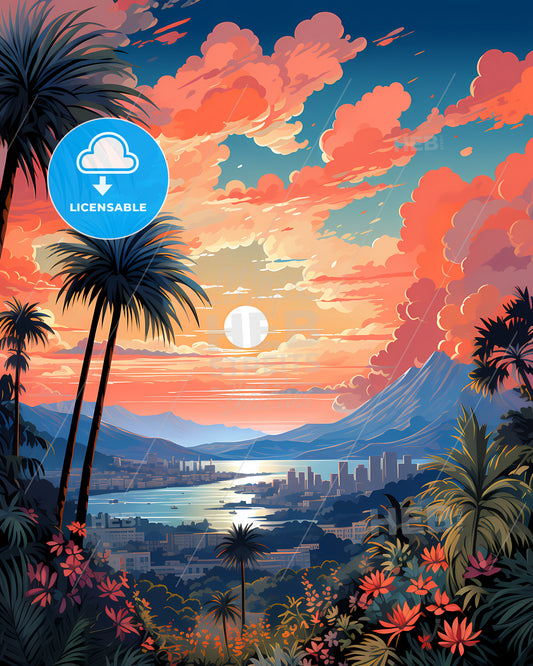 Mã¡Laga, Spain, a landscape with palm trees and a city and mountains