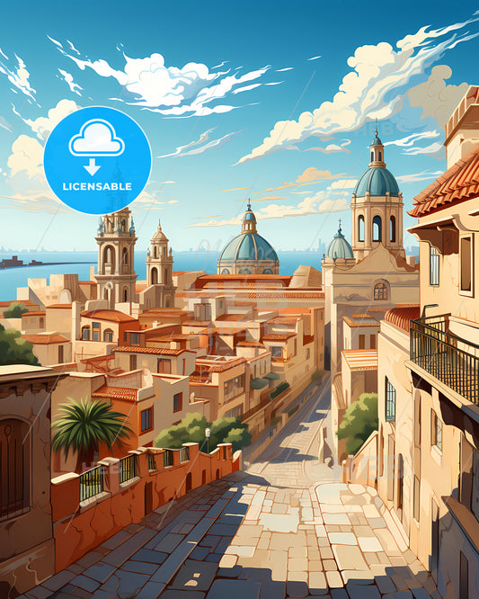 Murcia, Spain, a street with buildings and a body of water