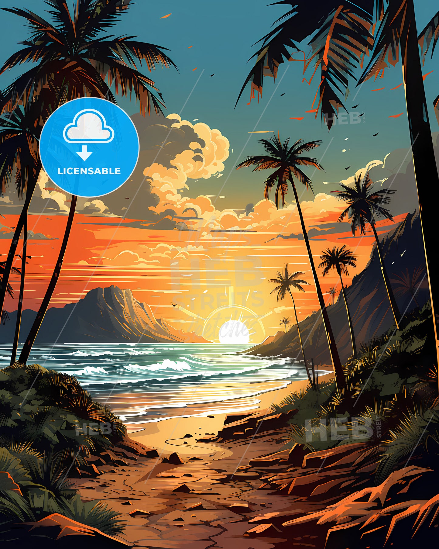 Oceanside, California, a beach with palm trees and a sunset