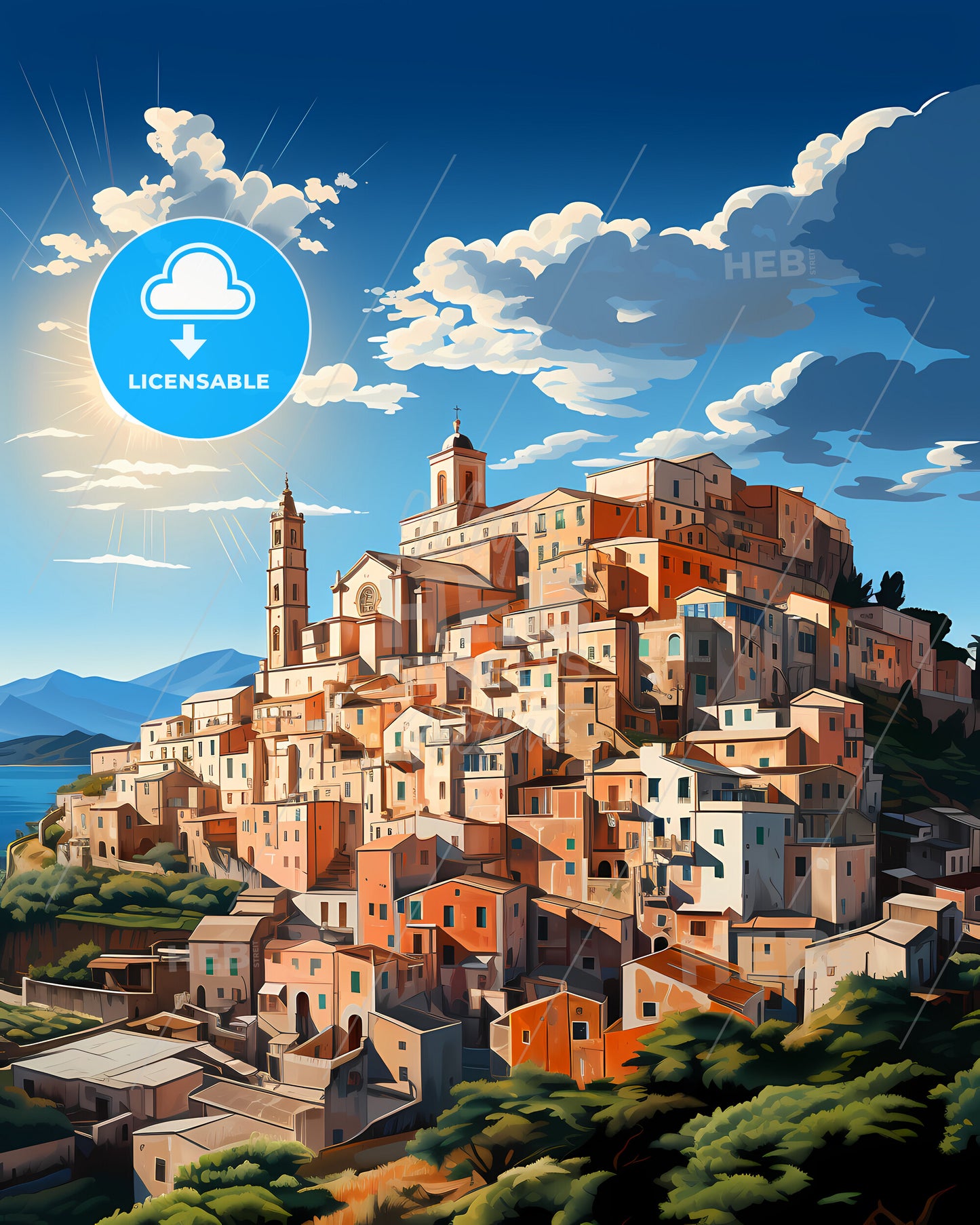 Giugliano In Campania, Italy, a city on a hill with trees and mountains in the background