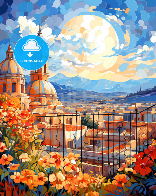 Valencia, Spain, a painting of a building with flowers and mountains in the background