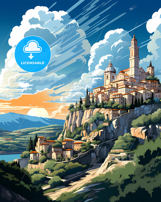 Teramo, Italy, a painting of a town on a hill