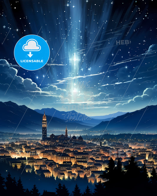 Lucca, Italy, a city with lights and mountains in the background