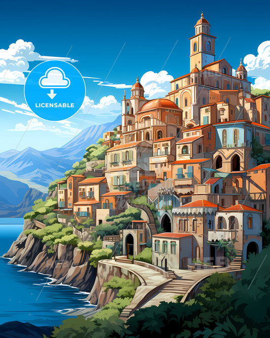 Bagheria, Italy, a cartoon of a town on a cliff by the water