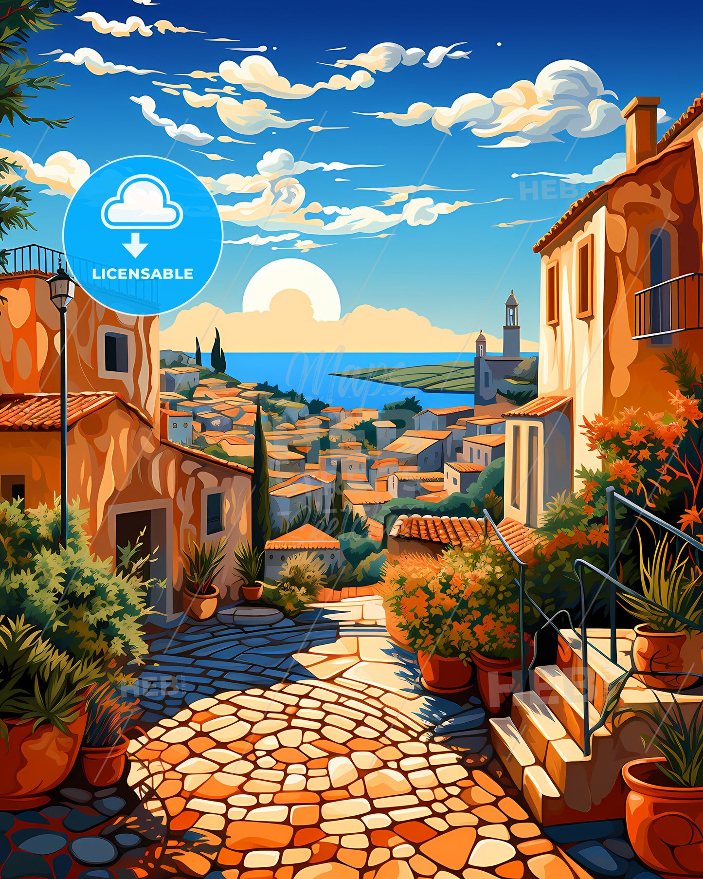 Lecce, Italy, a painting of a town with a view of the sea and a sunny day