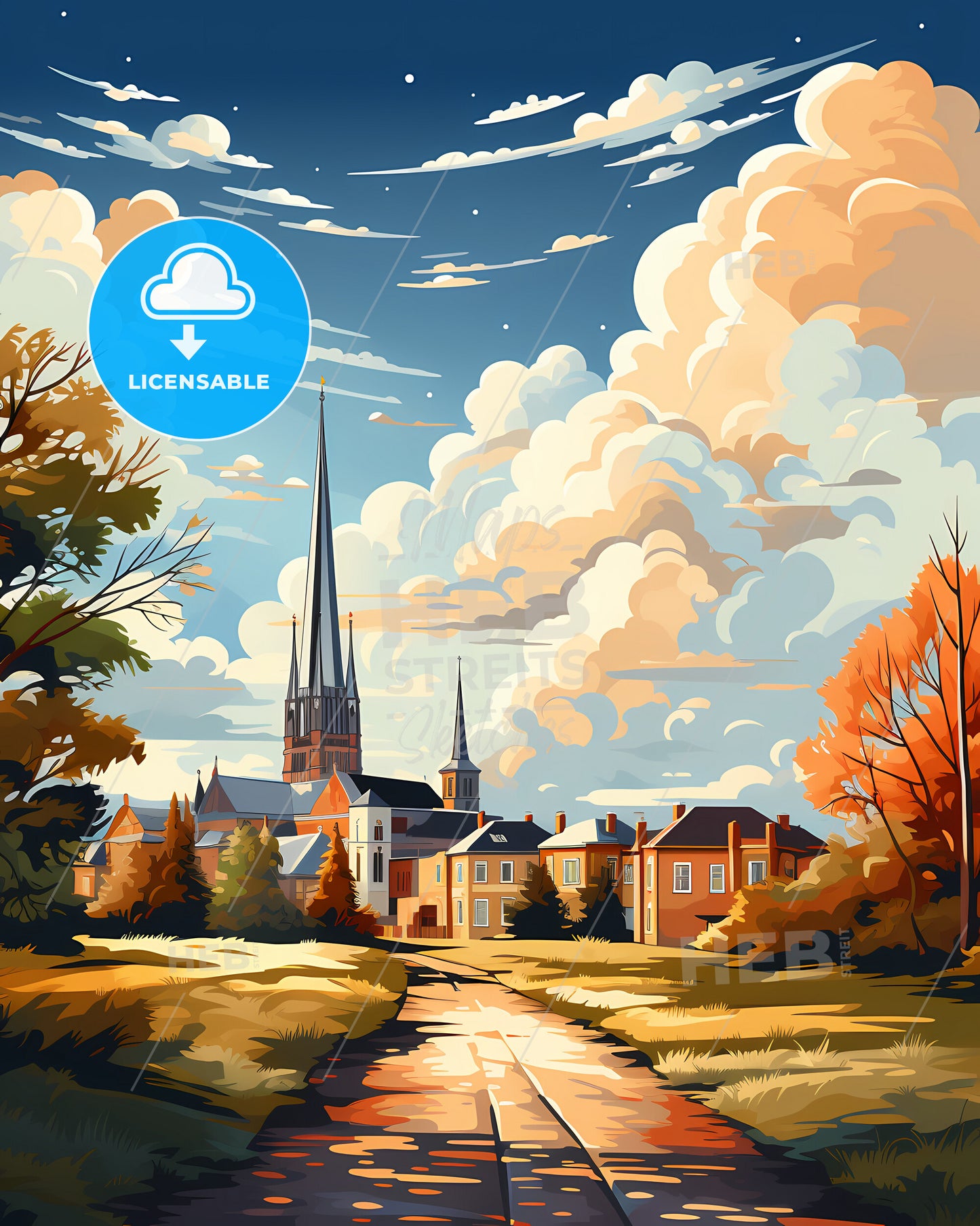 Peterborough, East of England, a painting of a church and a road