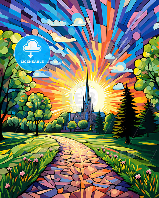 Visalia, California, a colorful painting of a church and a road