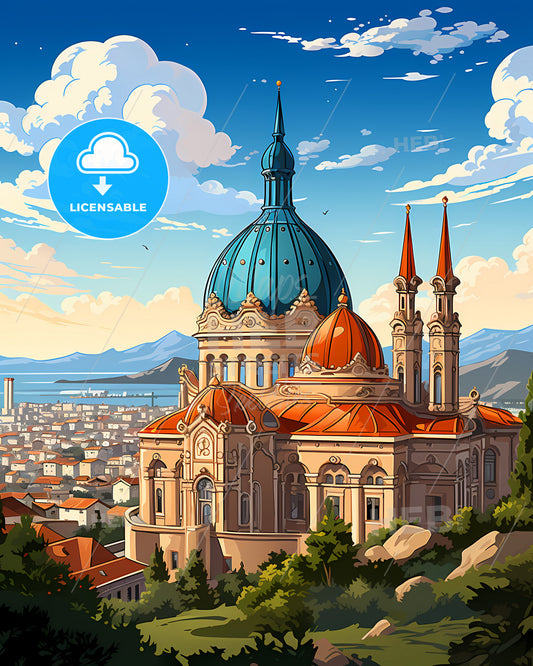 Chieti, Italy, a building with a blue dome and a city in the background