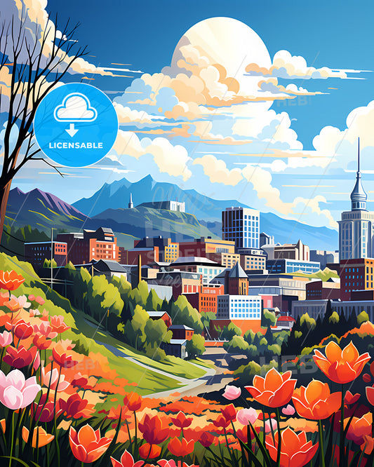 Johnson City, Tennessee, a cityscape with flowers and mountains in the background