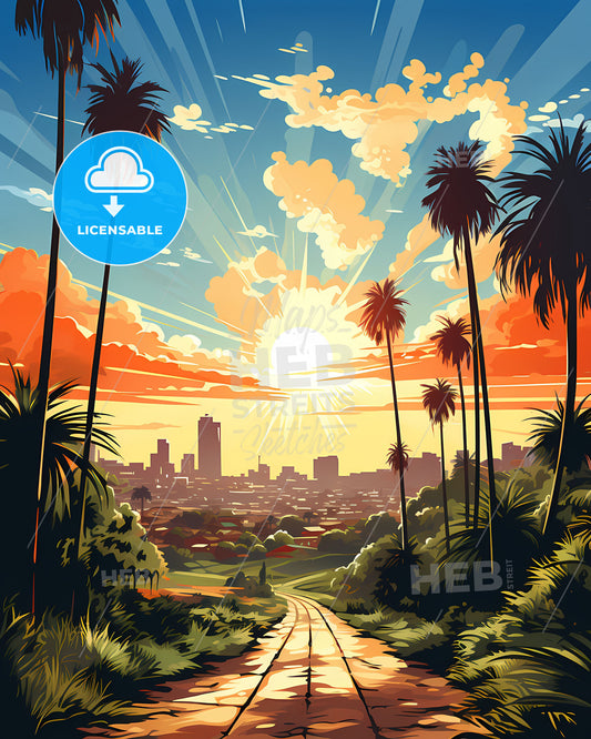 Tustin, California, a road through palm trees with a city in the background