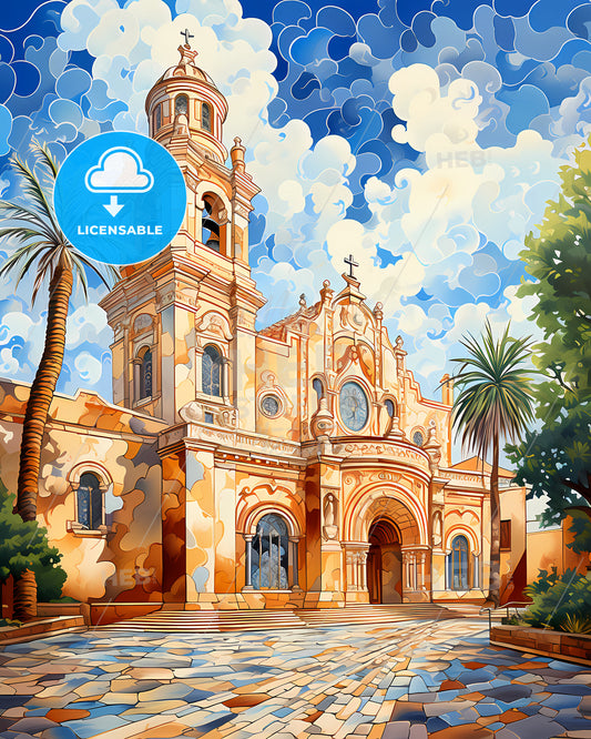 Santa Maria, California, a painting of a church with palm trees and a blue sky