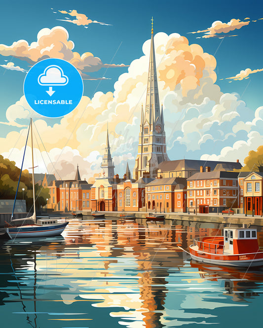 Plymouth, South West England, a water body with boats and a church in the background