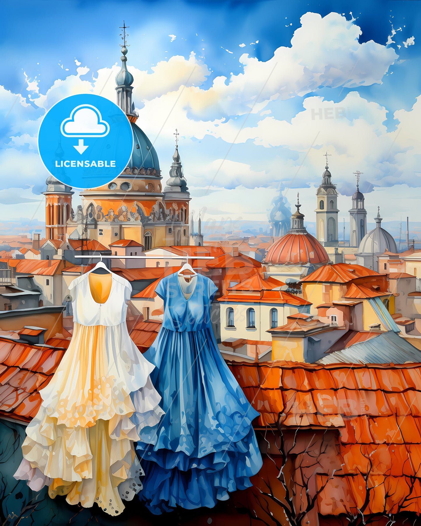 Ravenna, Italy, a couple dresses on swingers in front of a rooftop of a city