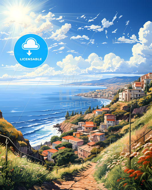 Reggio Calabria, Italy, a landscape of a town on a hill with a body of water and a sunny day