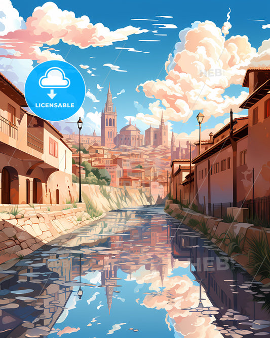 Valladolid, Spain, a water channel with buildings and a city in the background