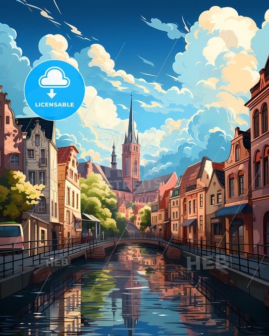 Zwolle, Netherlands, a water canal with buildings and a church in the background