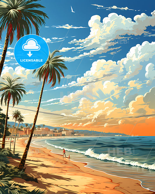 Santa Barbara, California, a beach with palm trees and a body of water