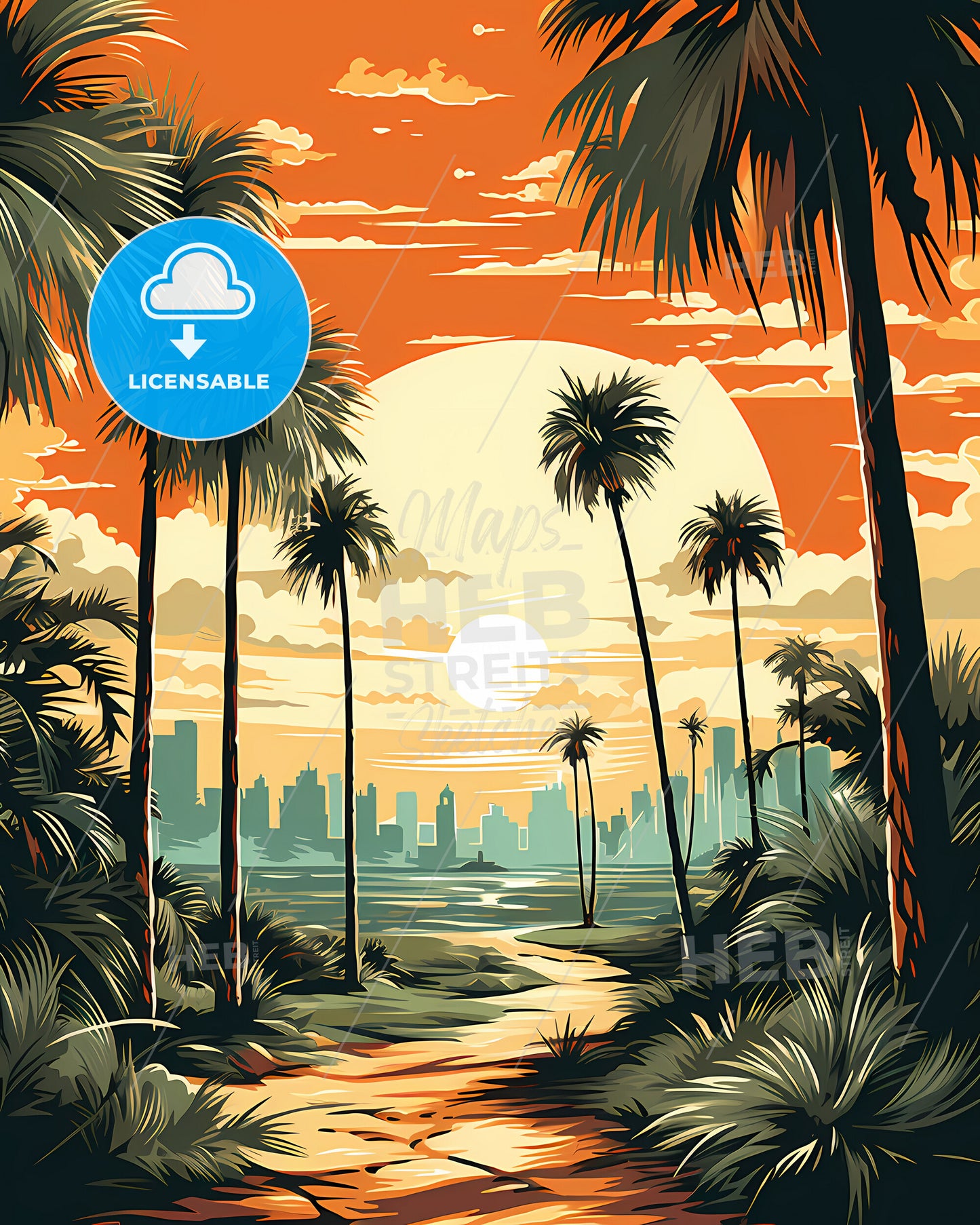 Garden Grove, California, a palm trees and a city in the background