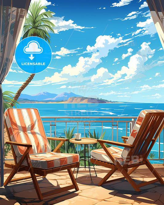 Santa Barbara, California, a balcony with chairs and a table overlooking the ocean