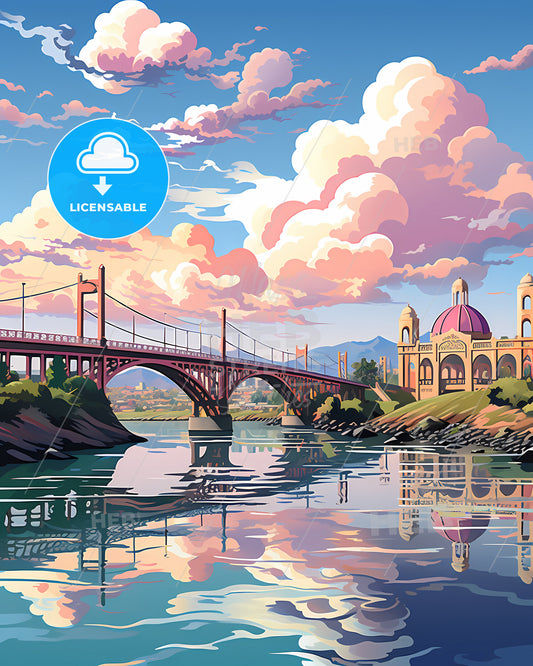 San Leandro, California, a bridge over a river with a building and a dome