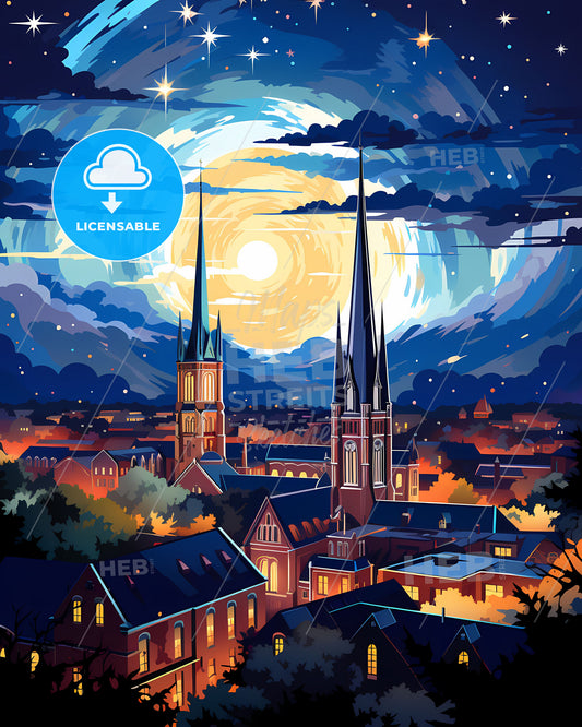 Terre Haute, Indiana, a city with towers and trees and a moon in the sky