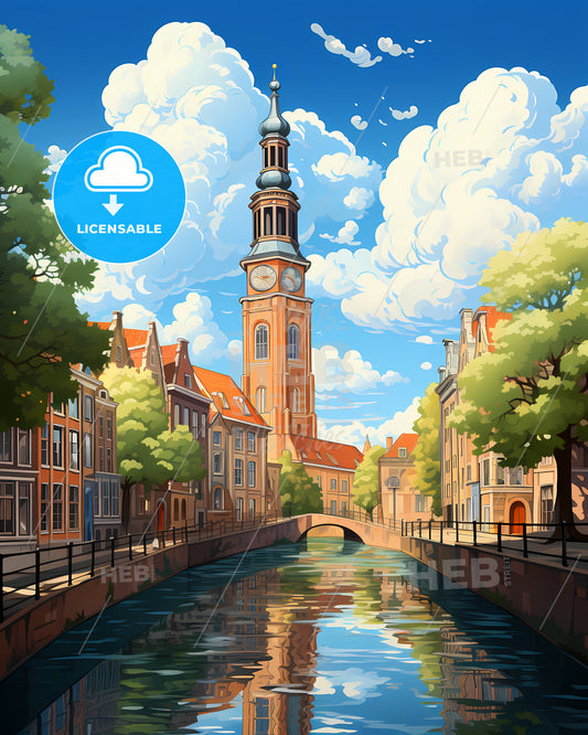 Leeuwarden, Netherlands, a water canal with a clock tower and trees