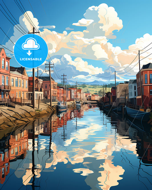 Den Helder, Netherlands, a water canal with buildings and power lines