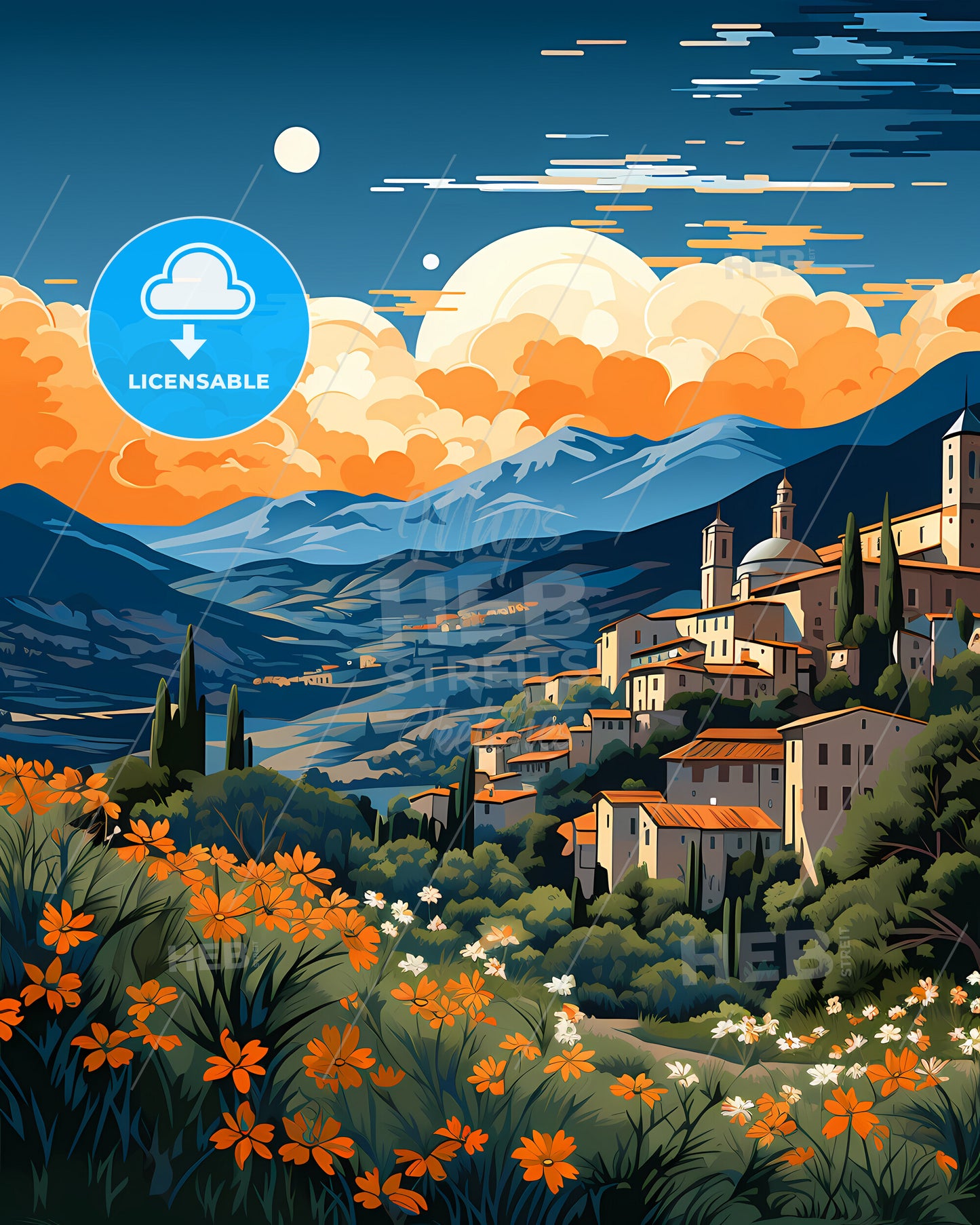 Chieti, Italy, a painting of a town on a hill with flowers and mountains