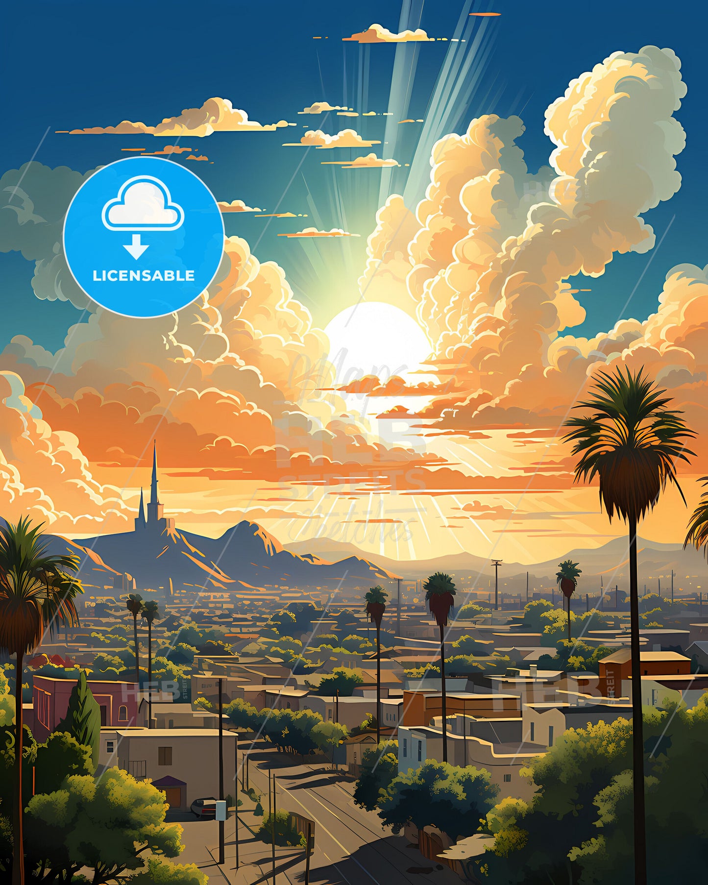 Visalia, California, a sun shining through clouds over a city