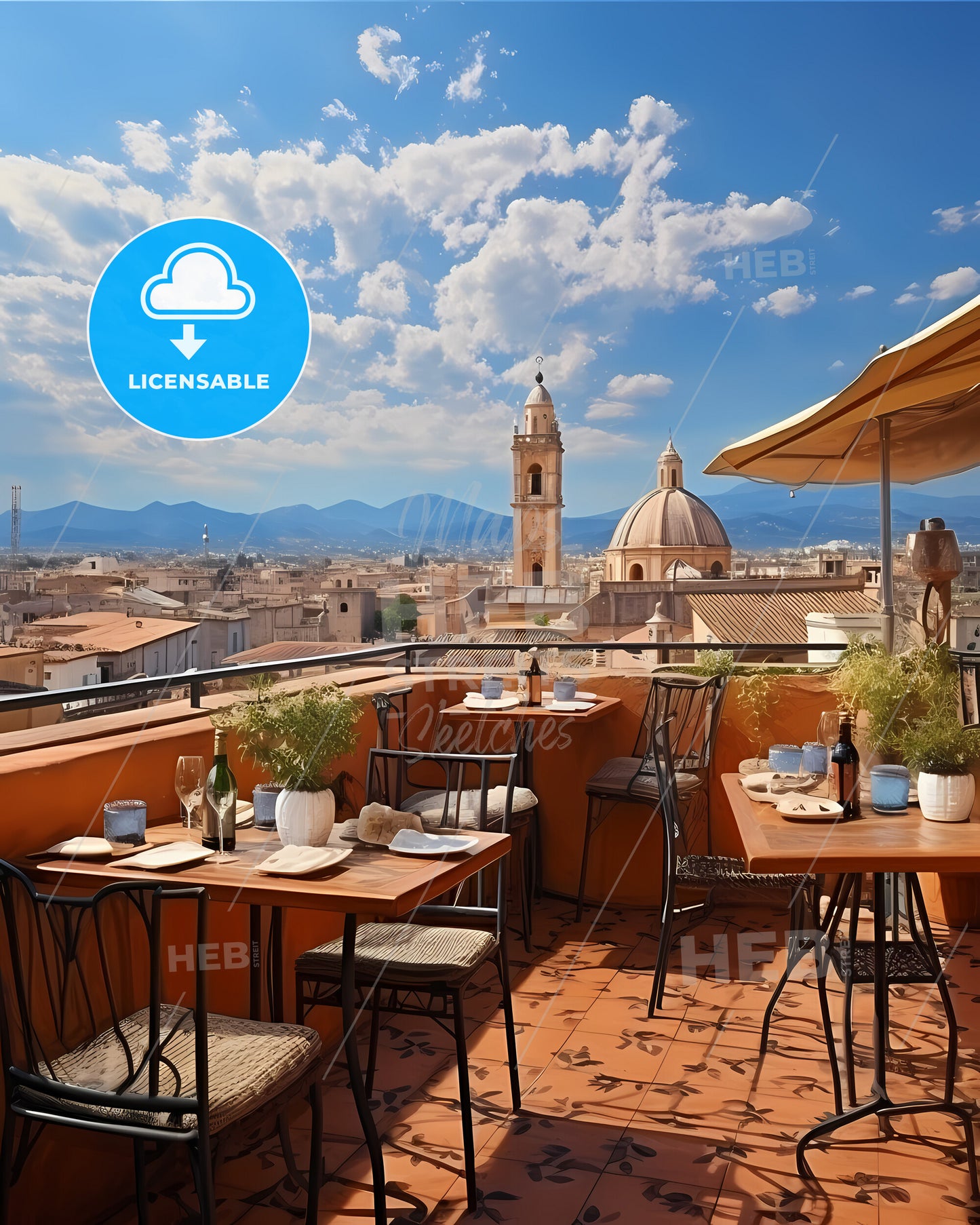 Ferrara, Italy, a table and chairs on a rooftop