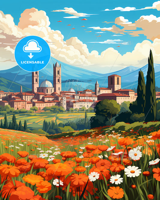 Lucca, Italy, a landscape with a field of flowers and a town