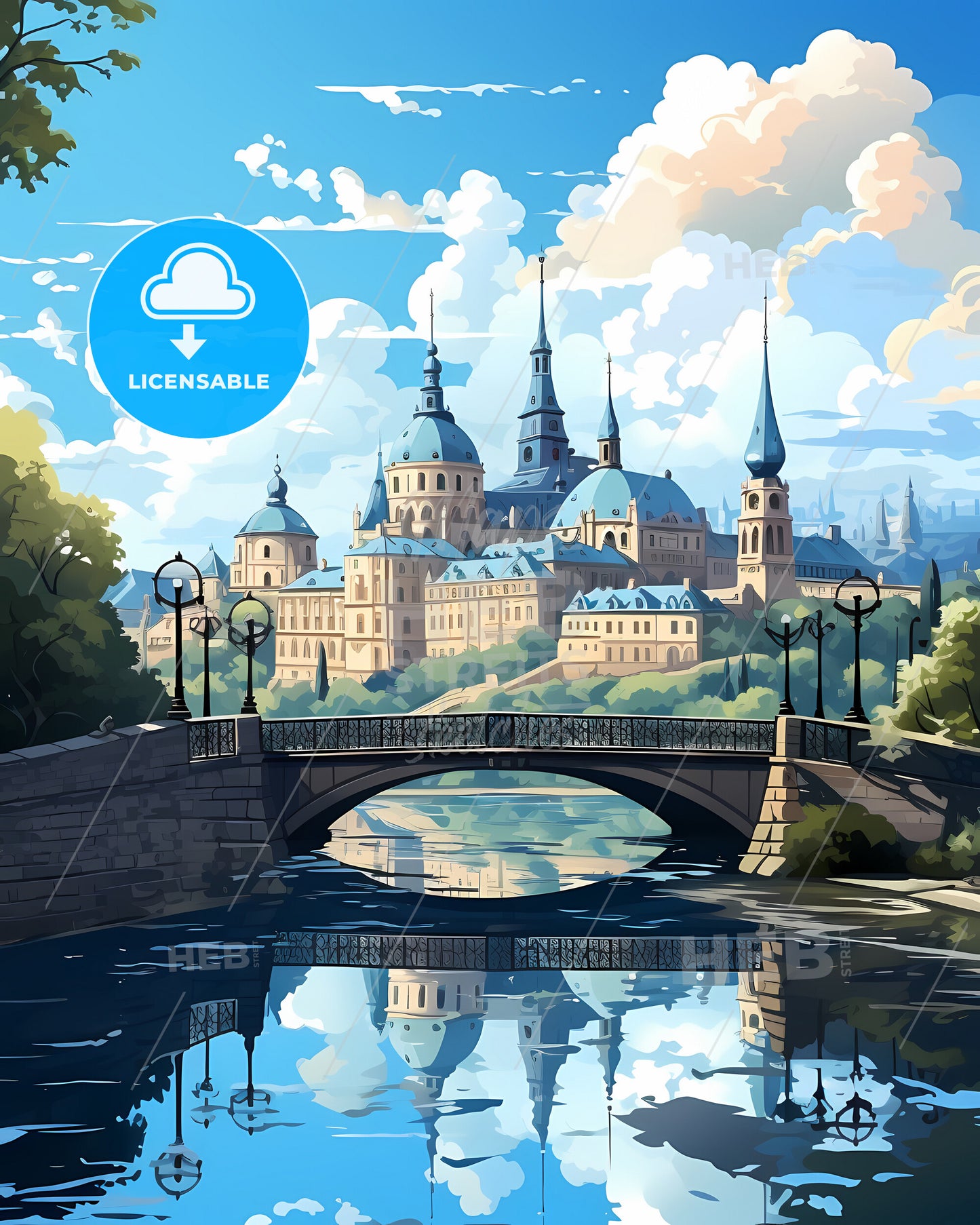 Lviv, Ukraine, a bridge over a river with a castle and trees