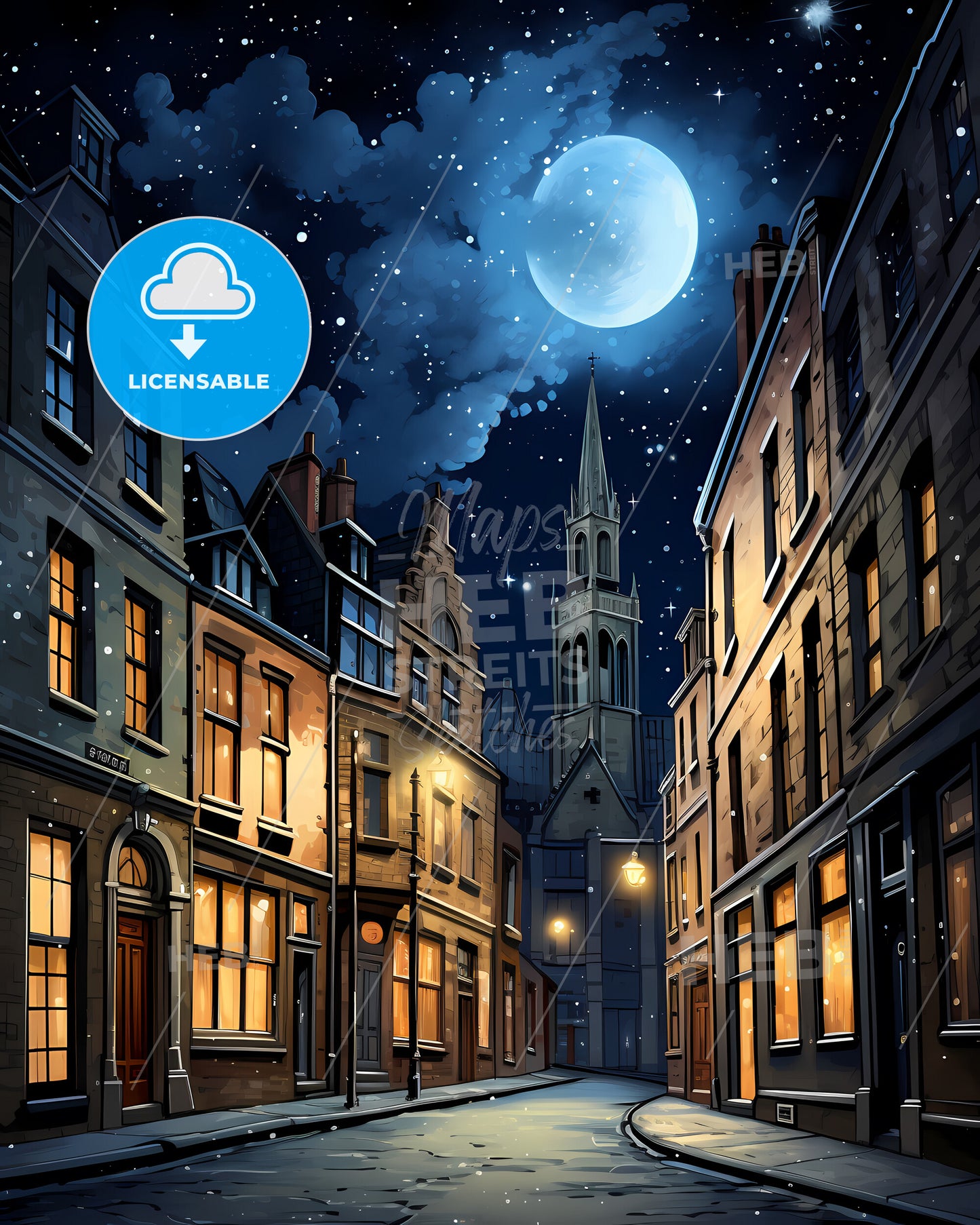 De Bilt, Netherlands, a street with buildings and a moon in the sky