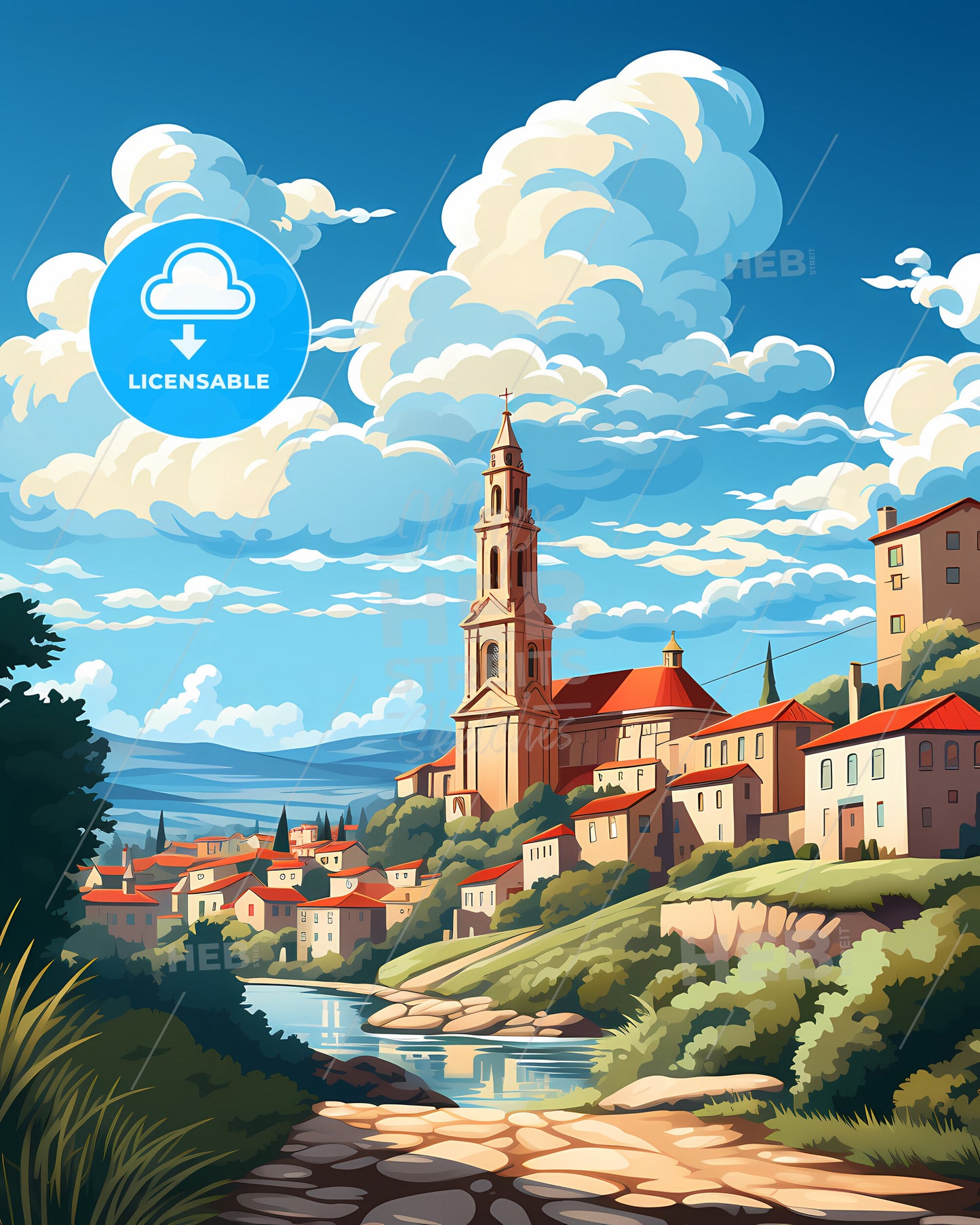 Plymouth, South West England, a landscape of a town with a river and a church