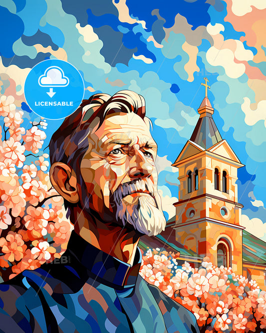 St. Joseph, Missouri, a man with a beard and a church in the background