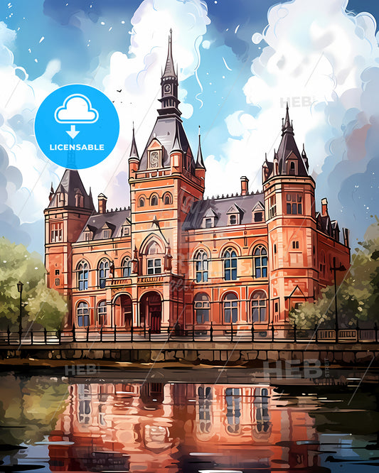 Amsterdam, Netherlands, a large brick building with a clock tower