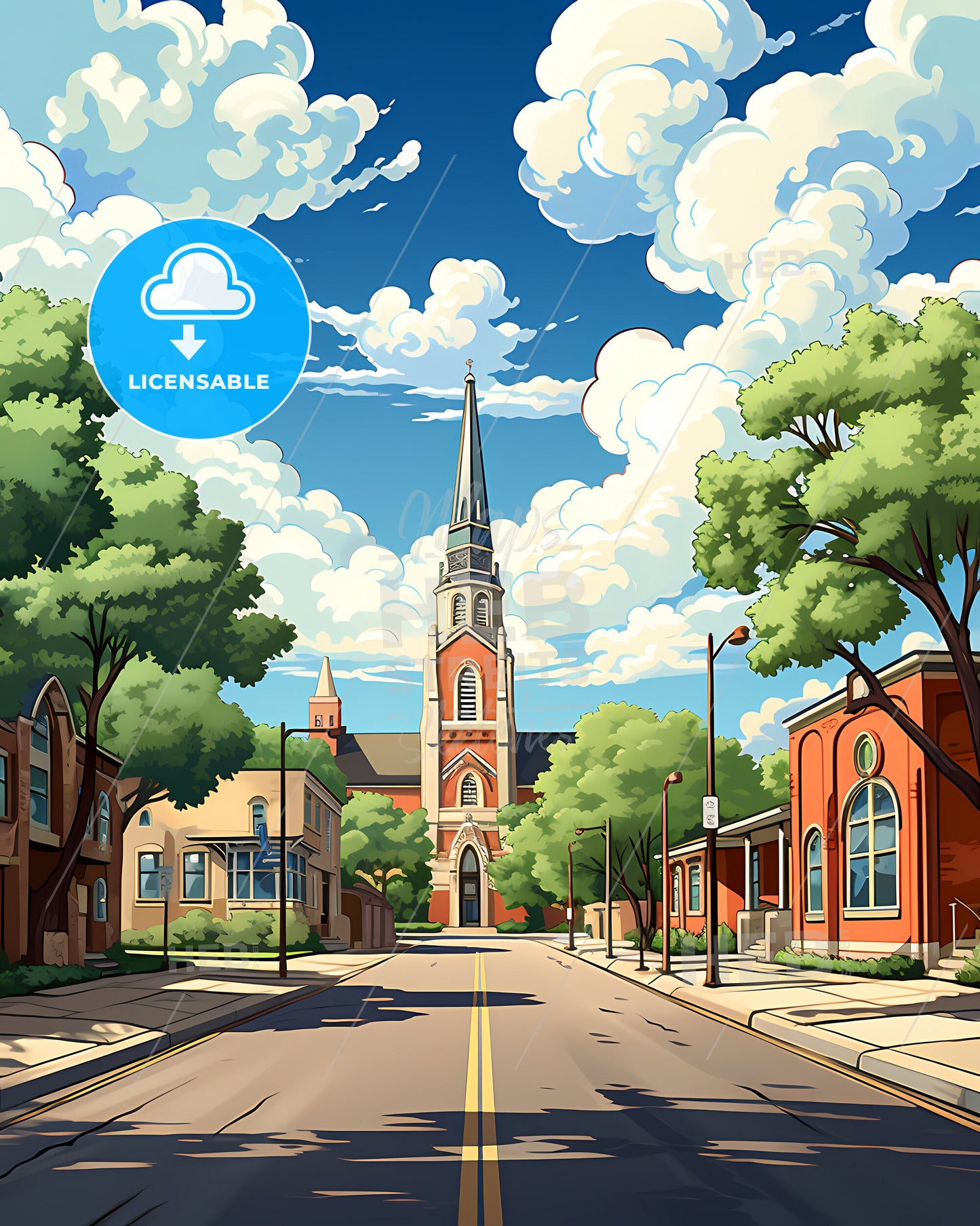 San Marcos, Texas, a street with a church and trees